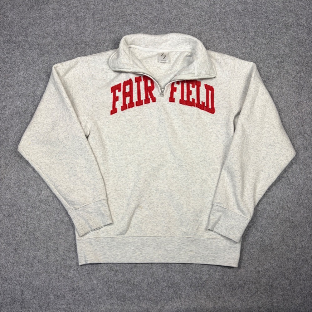 ZZ Fair Field Quarter Zip Sweatshirt Heather Gray Red Applique Mens Small